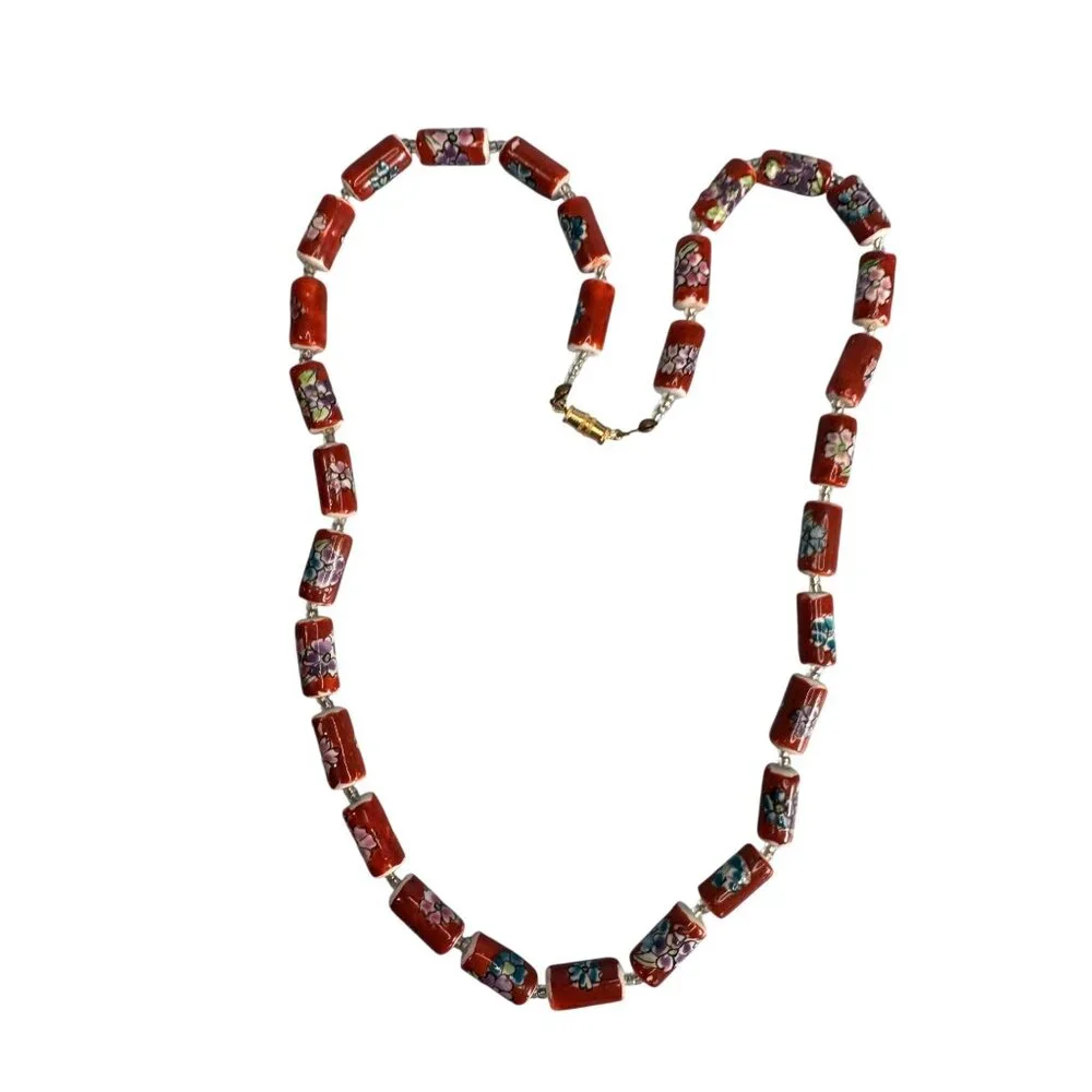 Vintage Chinese Cloisonne Floral Glass Bead Necklace With Barrel Clasp 22" Red M - Picture 3 of 9